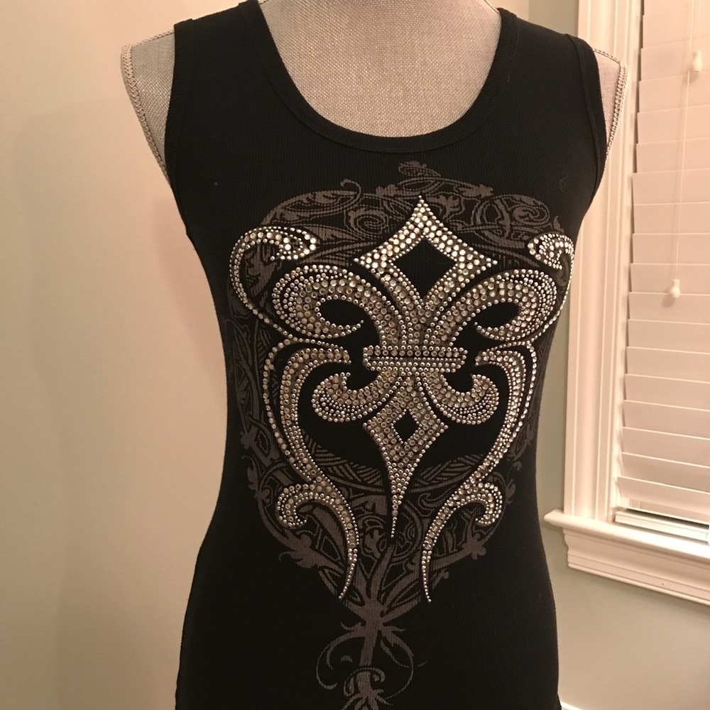Black fleur de list embellished knit tank top